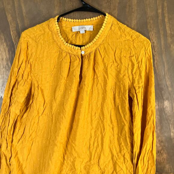 LOFT Womens Blouse Yellow Popcorn Keyhole Front Pleated Round Neck Small - Picture 2 of 12